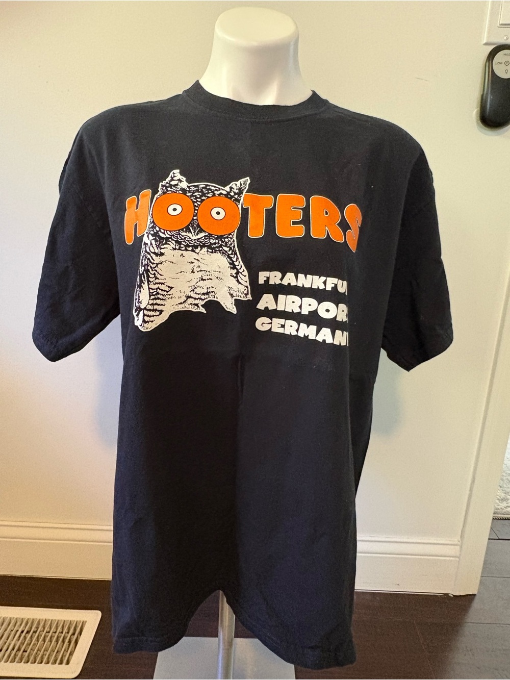 Hooters Black T-Shirt with Orange Logo and White Owl Graphic